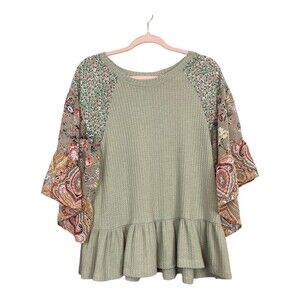 Umgee Oversized Waffle Knit Ruffle Peplum Hem Paisley Floral Flare Sleeve Top S